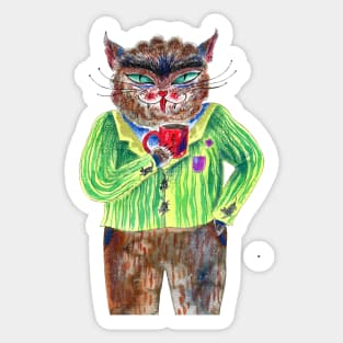 Cat in a suit with coffee Sticker